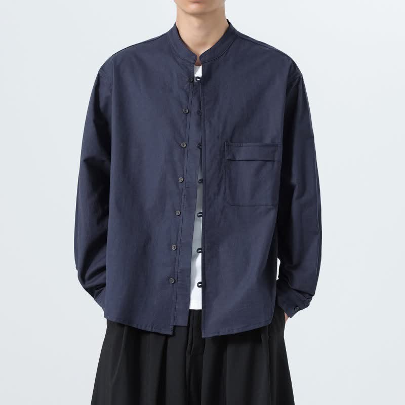 Buddha Stones Fall Casual Tang Style Mandarin Collar Solid Cotton Men's Long Sleeve Shirts - image 6