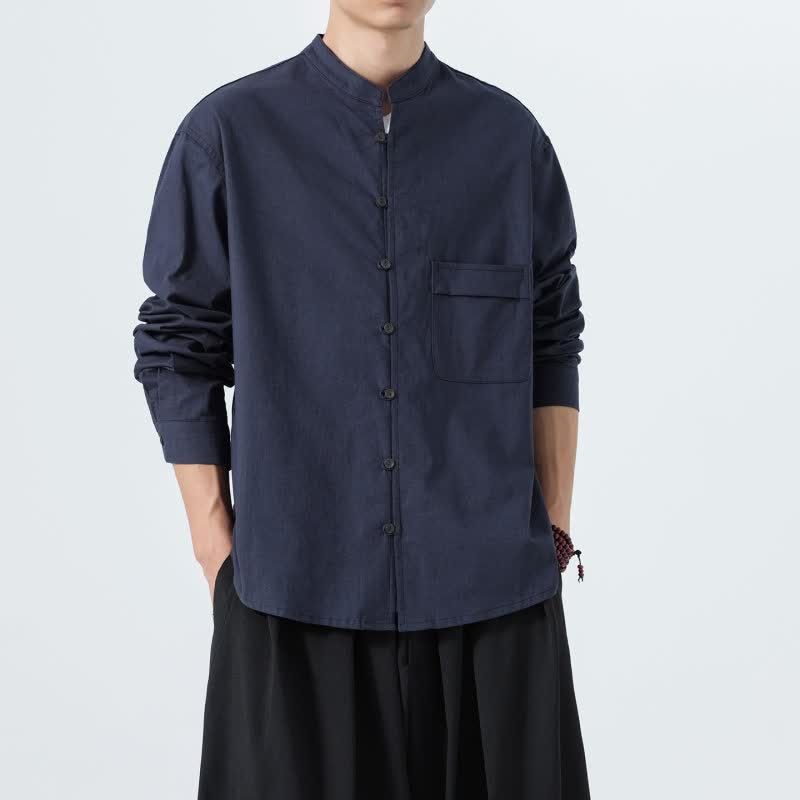 Buddha Stones Fall Casual Tang Style Mandarin Collar Solid Cotton Men's Long Sleeve Shirts - image 1