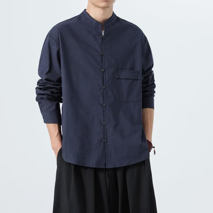 Buddha Stones Fall Casual Tang Style Mandarin Collar Solid Cotton Men's Long Sleeve Shirts - image 1