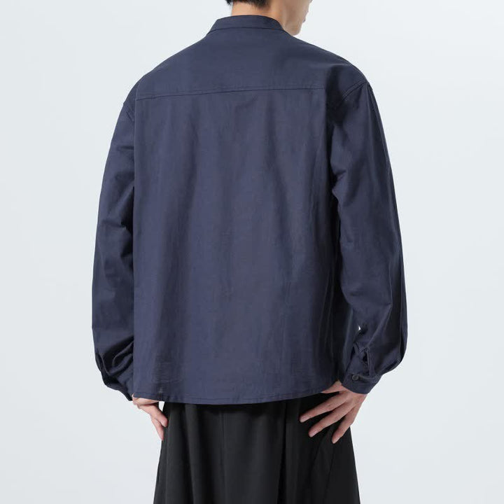 Buddha Stones Fall Casual Tang Style Mandarin Collar Solid Cotton Men's Long Sleeve Shirts - image 4