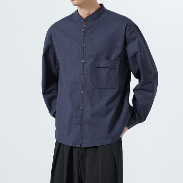Buddha Stones Fall Casual Tang Style Mandarin Collar Solid Cotton Men's Long Sleeve Shirts - image 8
