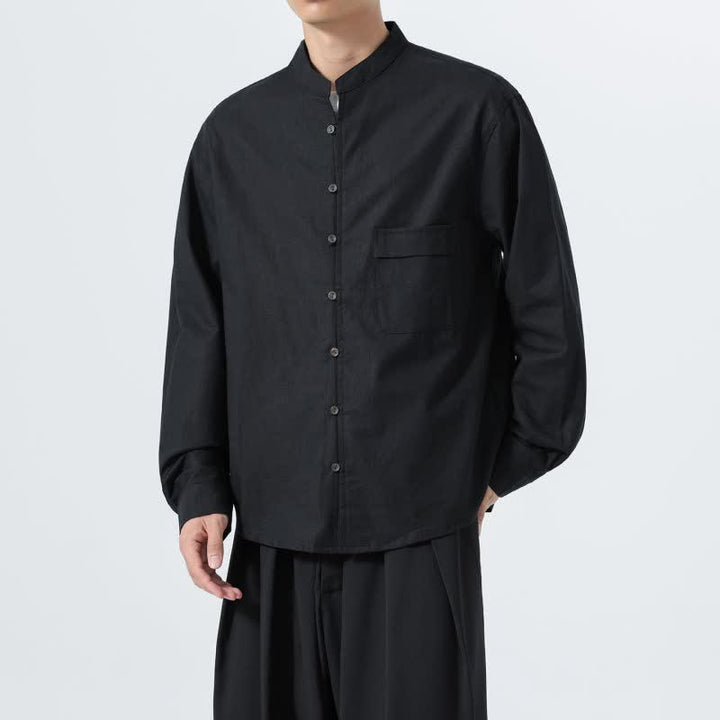Buddha Stones Fall Casual Tang Style Mandarin Collar Solid Cotton Men's Long Sleeve Shirts - image 16