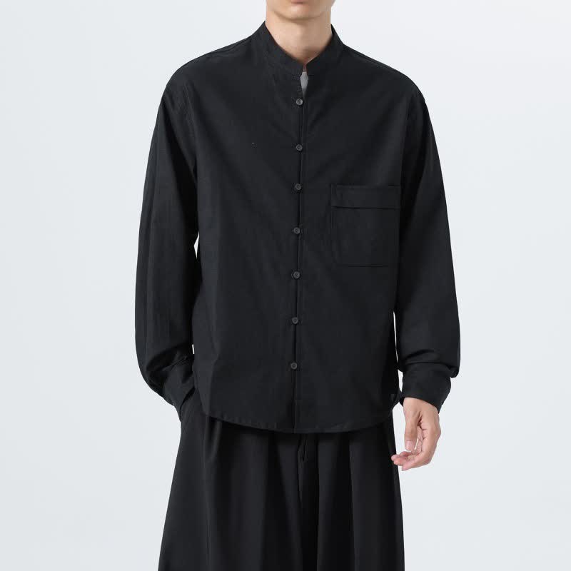 Buddha Stones Fall Casual Tang Style Mandarin Collar Solid Cotton Men's Long Sleeve Shirts - image 15