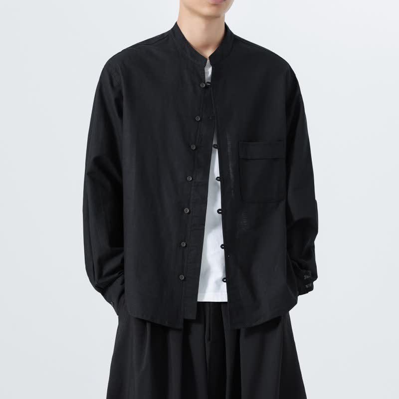 Buddha Stones Fall Casual Tang Style Mandarin Collar Solid Cotton Men's Long Sleeve Shirts - image 10