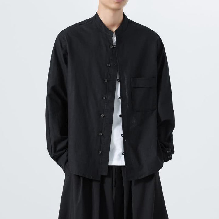 Buddha Stones Fall Casual Tang Style Mandarin Collar Solid Cotton Men's Long Sleeve Shirts - image 10