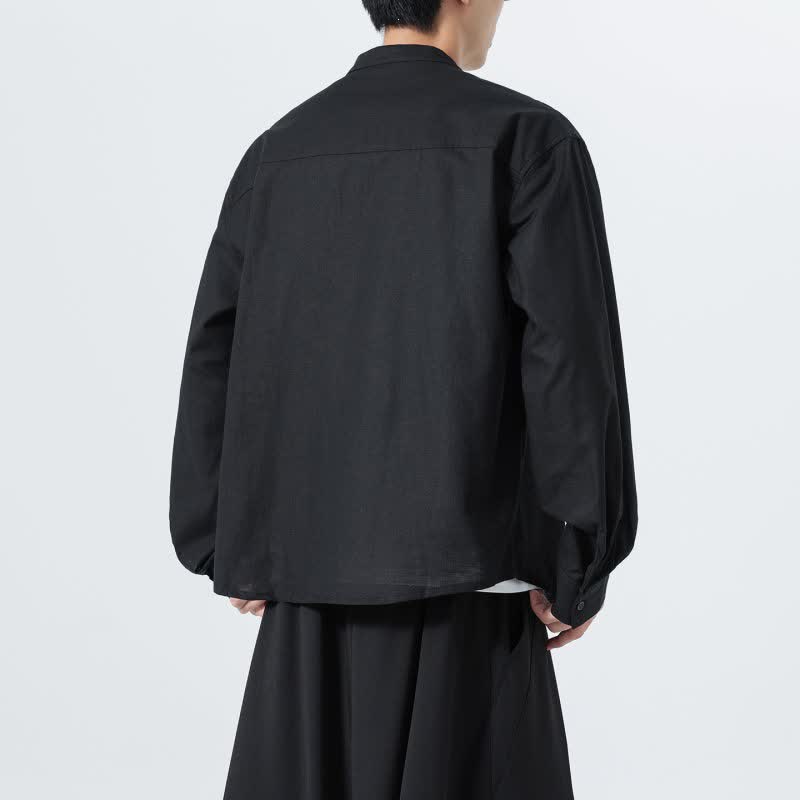 Buddha Stones Fall Casual Tang Style Mandarin Collar Solid Cotton Men's Long Sleeve Shirts - image 13