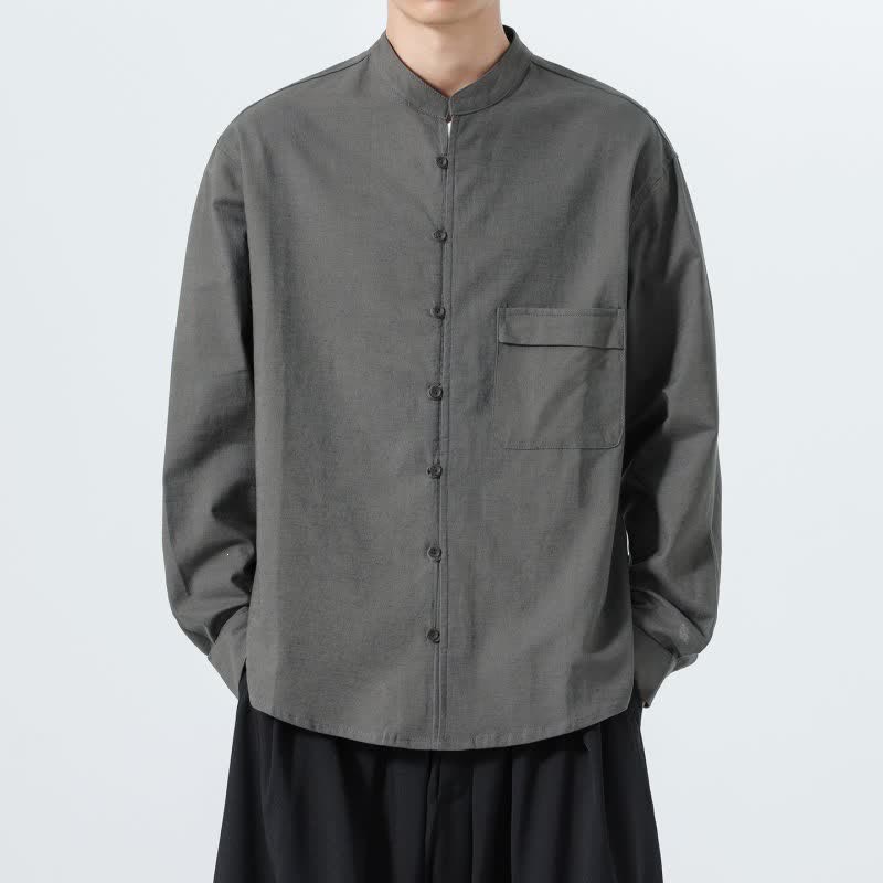 Buddha Stones Fall Casual Tang Style Mandarin Collar Solid Cotton Men's Long Sleeve Shirts - image 26