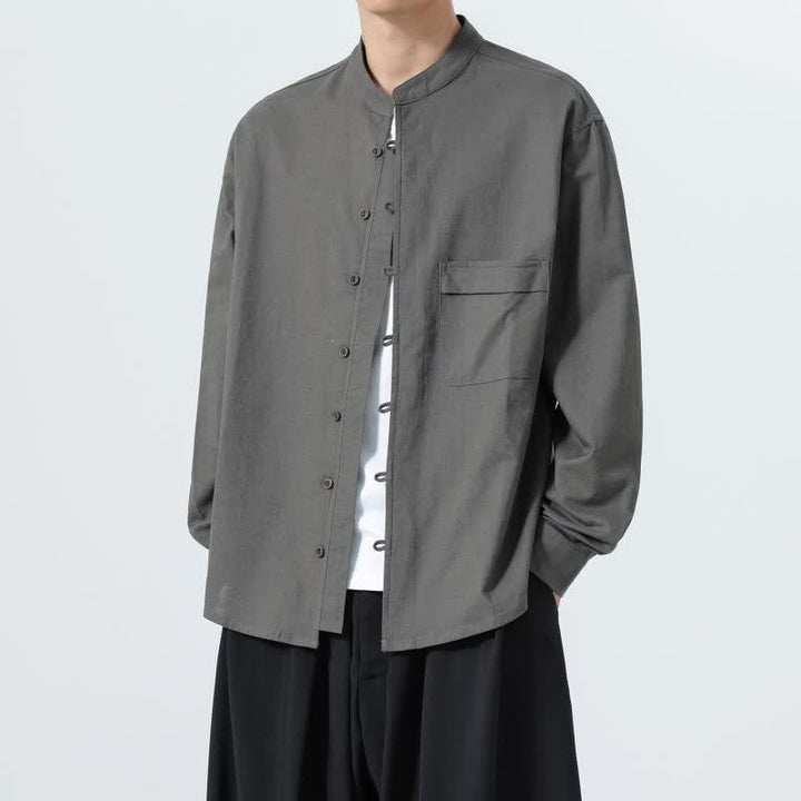 Buddha Stones Fall Casual Tang Style Mandarin Collar Solid Cotton Men's Long Sleeve Shirts - image 22