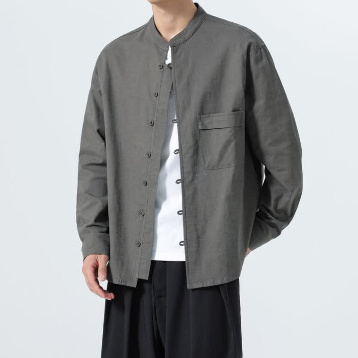 Buddha Stones Fall Casual Tang Style Mandarin Collar Solid Cotton Men's Long Sleeve Shirts - image 25