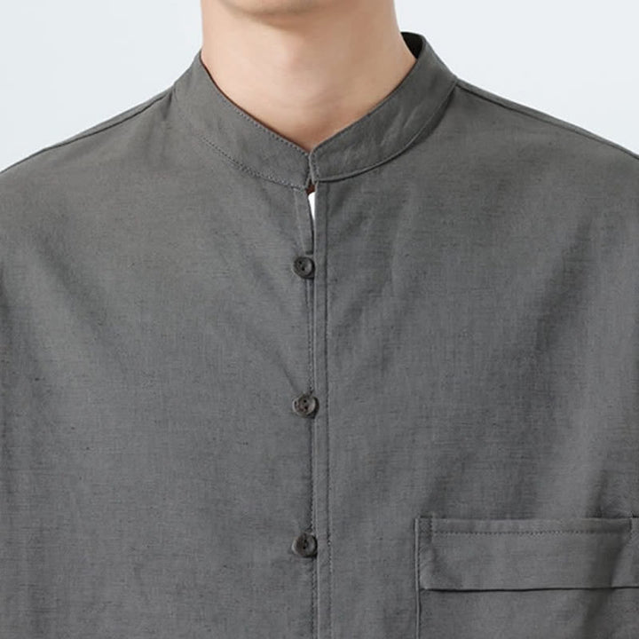 Buddha Stones Fall Casual Tang Style Mandarin Collar Solid Cotton Men's Long Sleeve Shirts - image 29