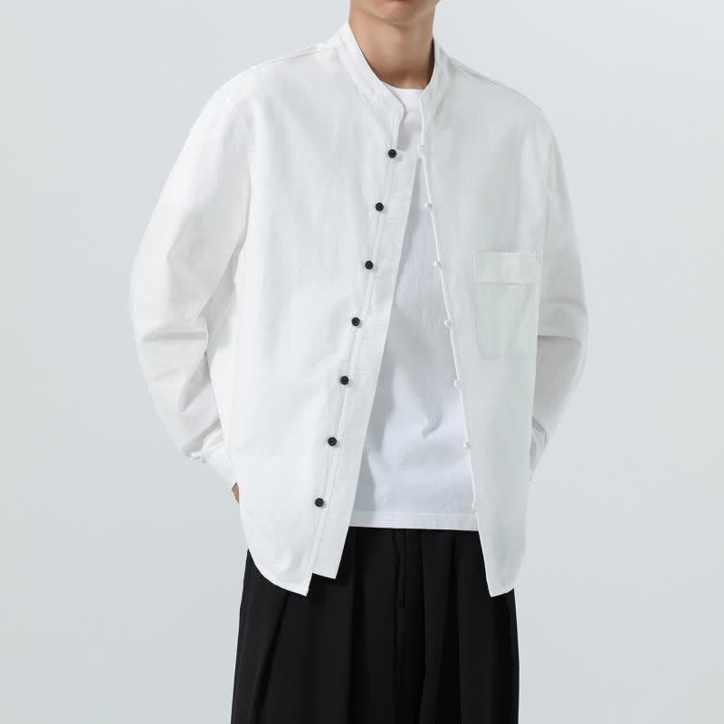 Buddha Stones Fall Casual Tang Style Mandarin Collar Solid Cotton Men's Long Sleeve Shirts - image 40