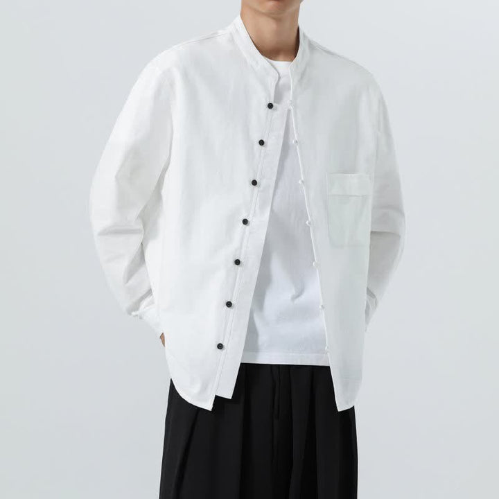 Buddha Stones Fall Casual Tang Style Mandarin Collar Solid Cotton Men's Long Sleeve Shirts - image 40