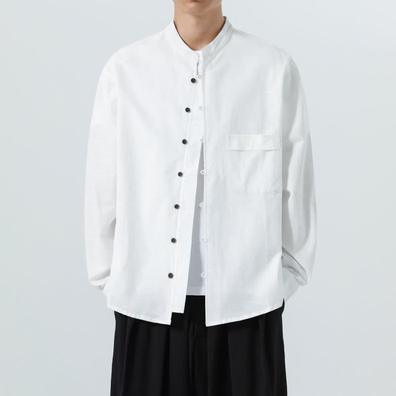 Buddha Stones Fall Casual Tang Style Mandarin Collar Solid Cotton Men's Long Sleeve Shirts - image 35