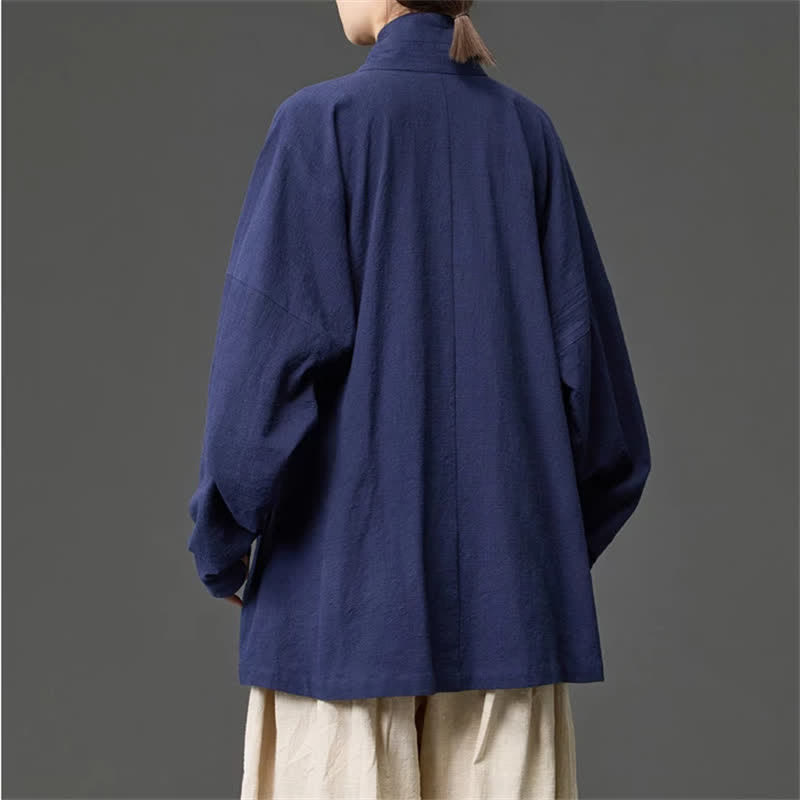 Buddha Stones Fall Winter Tang Style Minimalist Drawstring Solid Cotton Men's Kimono With Pockets - image 8