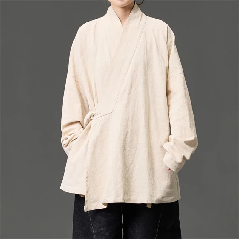 Buddha Stones Fall Winter Tang Style Minimalist Drawstring Solid Cotton Men's Kimono With Pockets - image 18