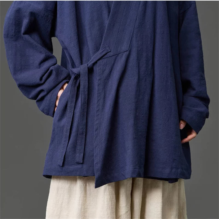 Buddha Stones Fall Winter Tang Style Minimalist Drawstring Solid Cotton Men's Kimono With Pockets - image 11