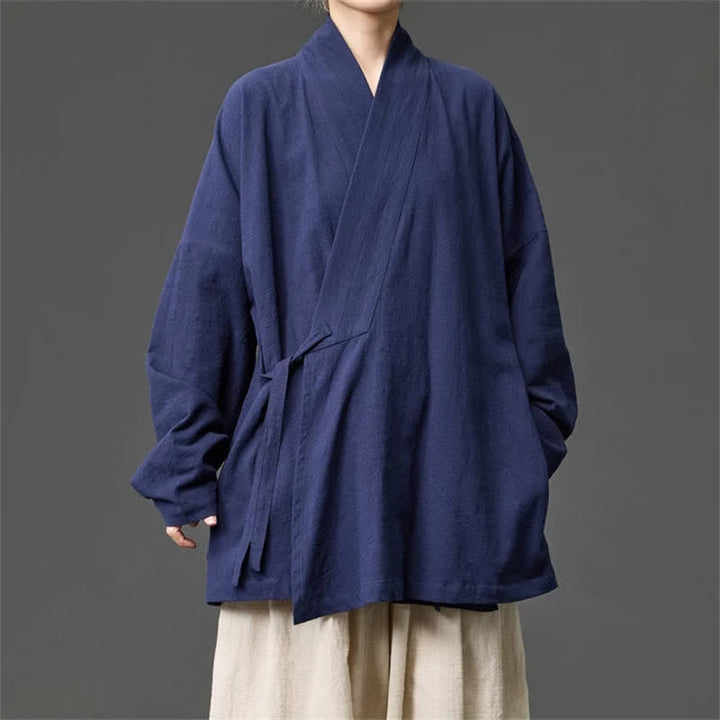 Buddha Stones Fall Winter Tang Style Minimalist Drawstring Solid Cotton Men's Kimono With Pockets - image 7