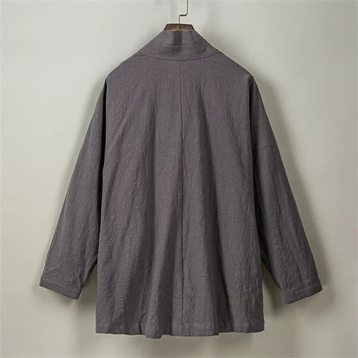 Buddha Stones Fall Winter Tang Style Minimalist Drawstring Solid Cotton Men's Kimono With Pockets - image 27