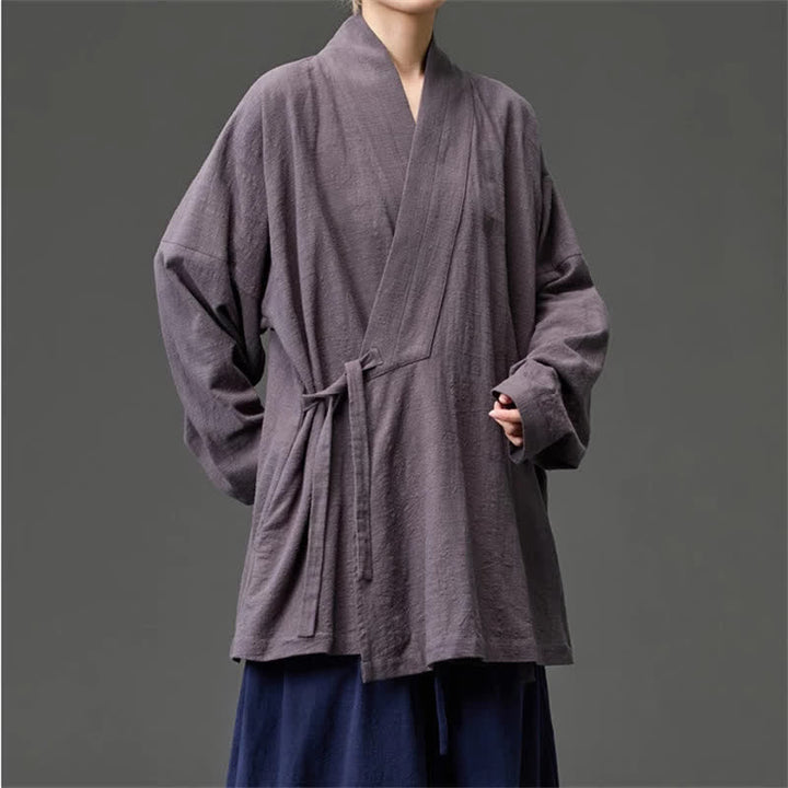 Buddha Stones Fall Winter Tang Style Minimalist Drawstring Solid Cotton Men's Kimono With Pockets - image 23
