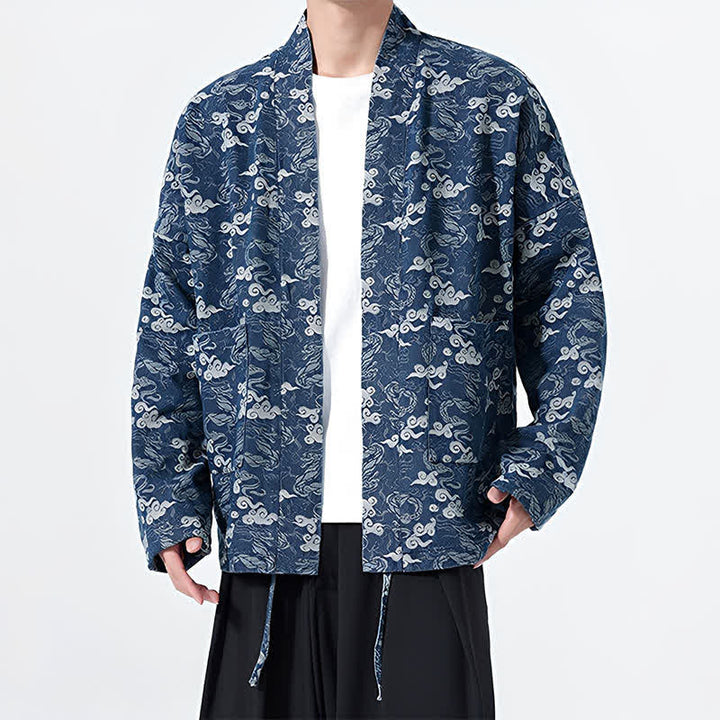 Buddha Stones Spring Fall Casual Drawstring Abstract Clouds Cotton Men's Kimono - image 5