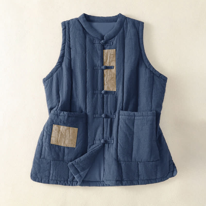 Buddha Stones Winter Vintage Tang Style Frog Button Solid Tank Top Women's Vest With Pockets - SteelBlue - US8-10，UK/AU12-14，EU40-42 (2XL) - image 0