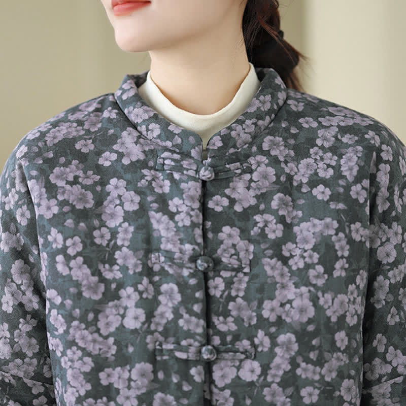 Buddha Stones Winter Vintage Tang Style Frog Button Floral Print Women's Jacket - image 7