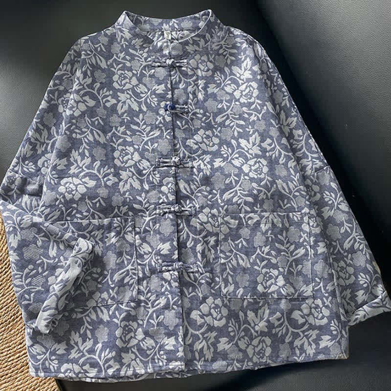 Buddha Stones Fall Tang Style Vintage Frog Button Floral Women's Long Sleeve Shirts With Pockets - image 1