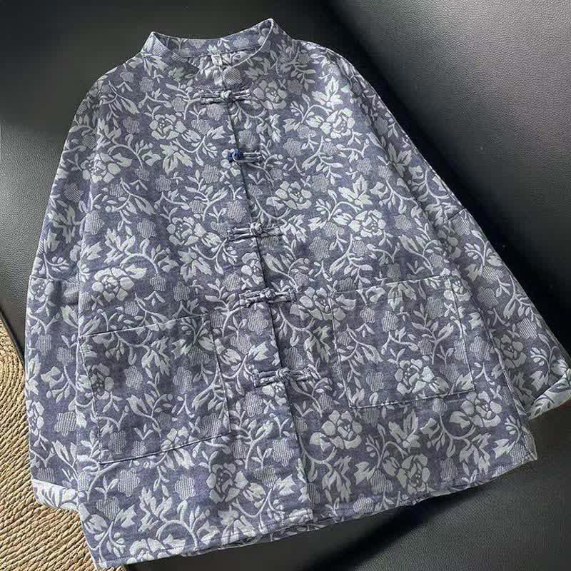 Buddha Stones Fall Tang Style Vintage Frog Button Floral Women's Long Sleeve Shirts With Pockets - SteelBlue - US8-10, UK/AU12-14, EU40-42 (2XL) - image 0