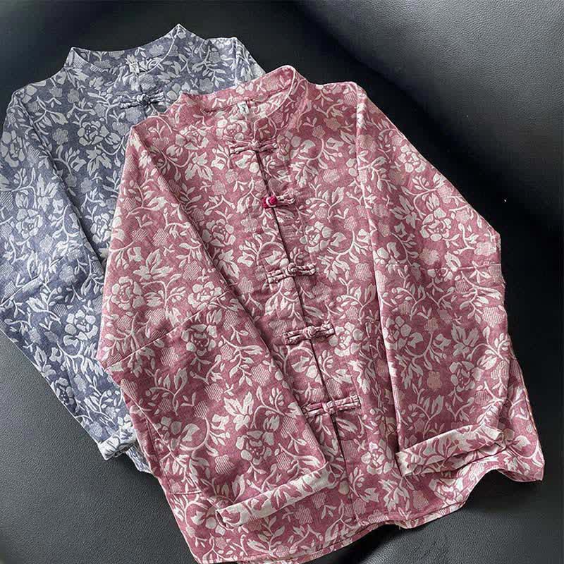 Buddha Stones Fall Tang Style Vintage Frog Button Floral Women's Long Sleeve Shirts With Pockets - image 16