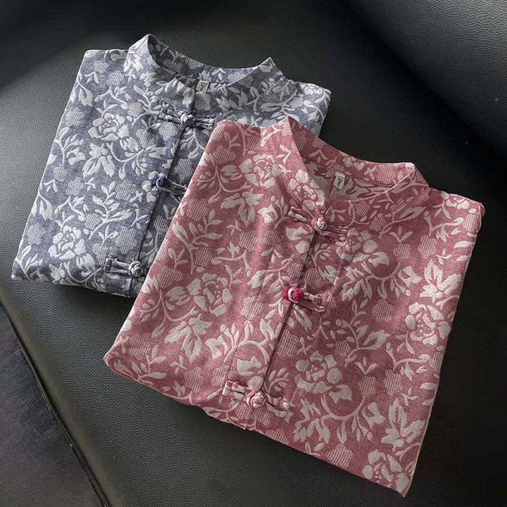 Buddha Stones Fall Tang Style Vintage Frog Button Floral Women's Long Sleeve Shirts With Pockets - image 17