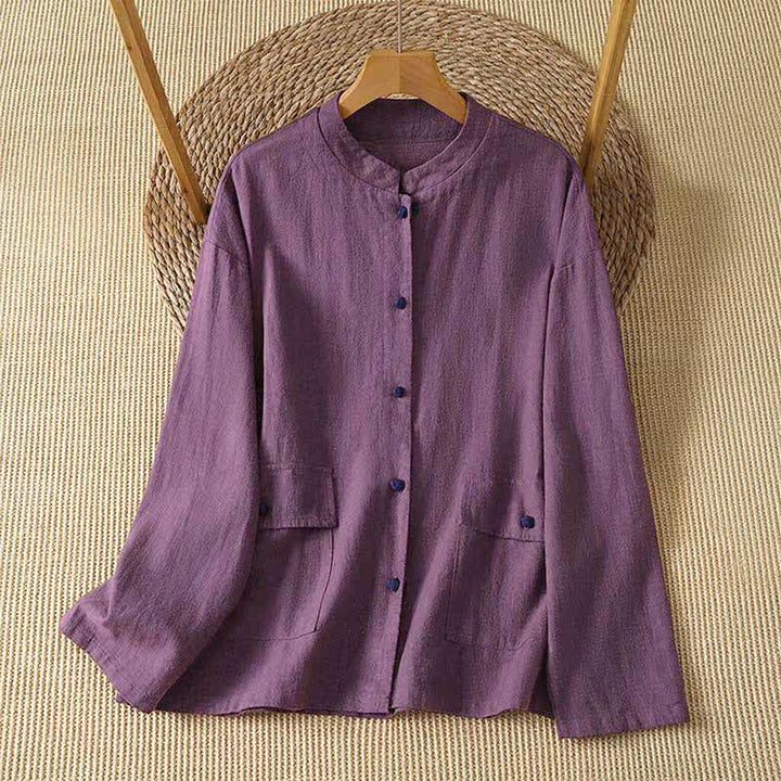 Buddha Stones Fall Casual Vintage Tang Style Button-Up Solid Women's Long Sleeve Shirts With Pockets - RebeccaPurple - US8-10, UK/AU12-14, EU40-42 (2XL) - image 10