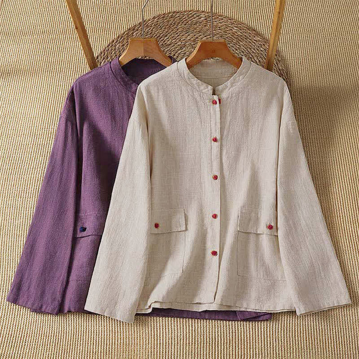 Buddha Stones Fall Casual Vintage Tang Style Button-Up Solid Women's Long Sleeve Shirts With Pockets - image 14