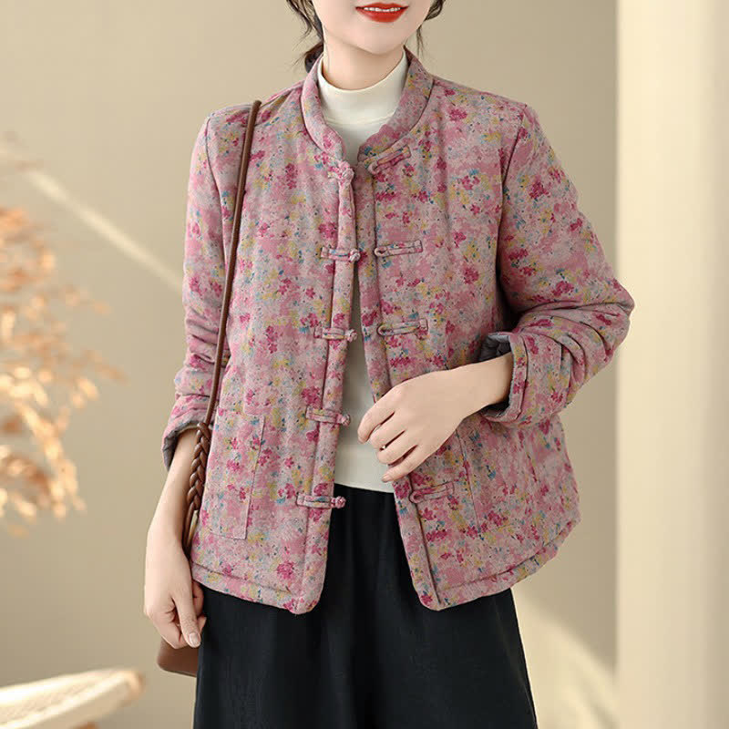 Buddha Stones Winter Vintage Tang Style Frog Button Pink Floral Women's Jacket With Pockets - image 1