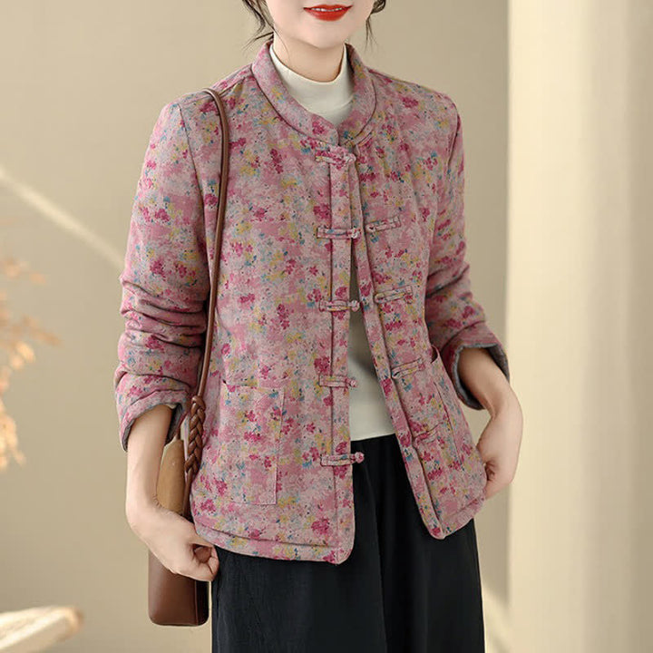 Buddha Stones Winter Vintage Tang Style Frog Button Pink Floral Women's Jacket With Pockets - image 9