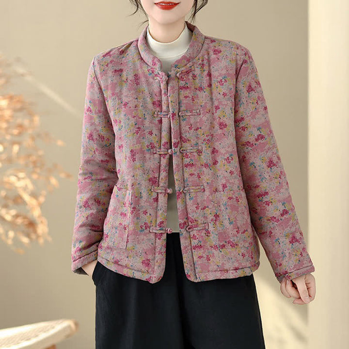 Buddha Stones Winter Vintage Tang Style Frog Button Pink Floral Women's Jacket With Pockets - image 8