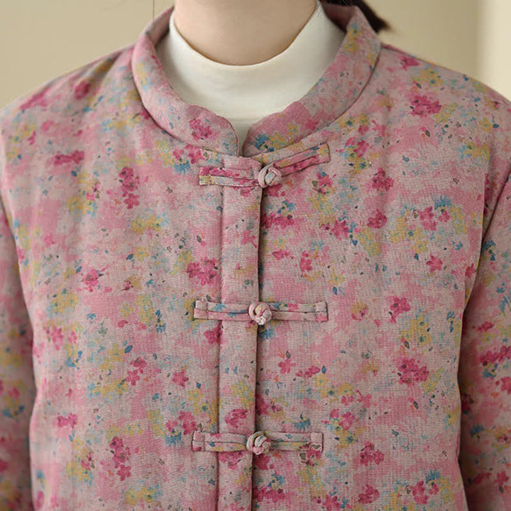 Buddha Stones Winter Vintage Tang Style Frog Button Pink Floral Women's Jacket With Pockets - image 12