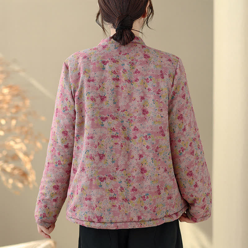Buddha Stones Winter Vintage Tang Style Frog Button Pink Floral Women's Jacket With Pockets - image 4