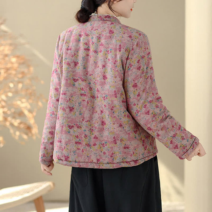 Buddha Stones Winter Vintage Tang Style Frog Button Pink Floral Women's Jacket With Pockets - image 5