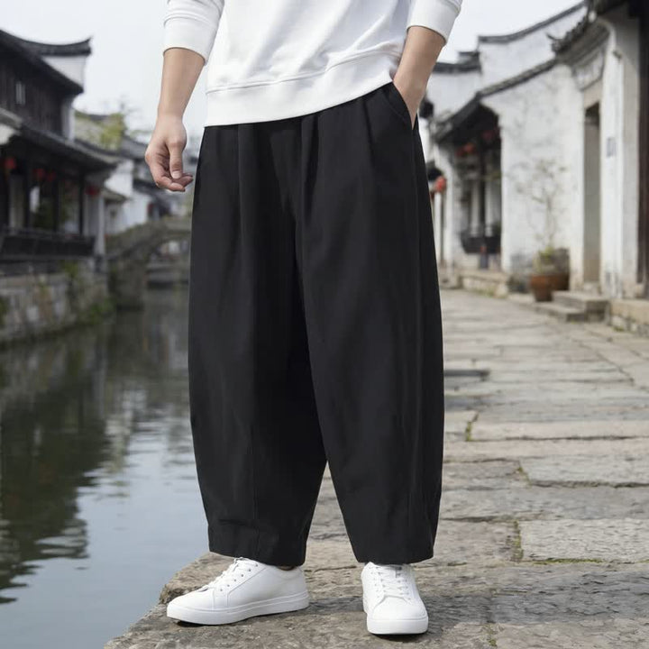 Buddha Stones Fall Casual Minimalist Drawstring Solid Cropped Pants Men's Straight Leg Pants With Pockets - Black - US/UK/AU46, EU56 (5XL) - image 1