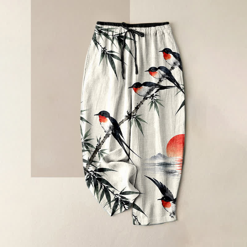 Buddha Stones Pure Cotton Oriental Bird Bamboo Pattern Women's Elastic Waist Pants With Pockets - Ivory - US16，UK/AU20，EU48 (3XL) - image 3