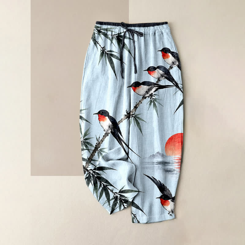 Buddha Stones Pure Cotton Oriental Bird Bamboo Pattern Women's Elastic Waist Pants With Pockets - LightCyan - US16，UK/AU20，EU48 (3XL) - image 4