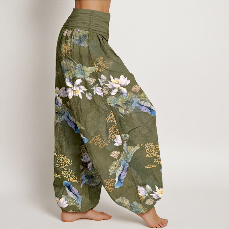 Buddha Stones Cotton White Lotus Leaf Pattern Women's Elastic Waist Harem Pants - image 6
