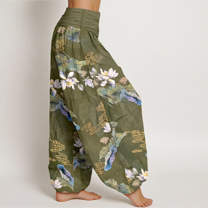 Buddha Stones Cotton White Lotus Leaf Pattern Women's Elastic Waist Harem Pants - image 6