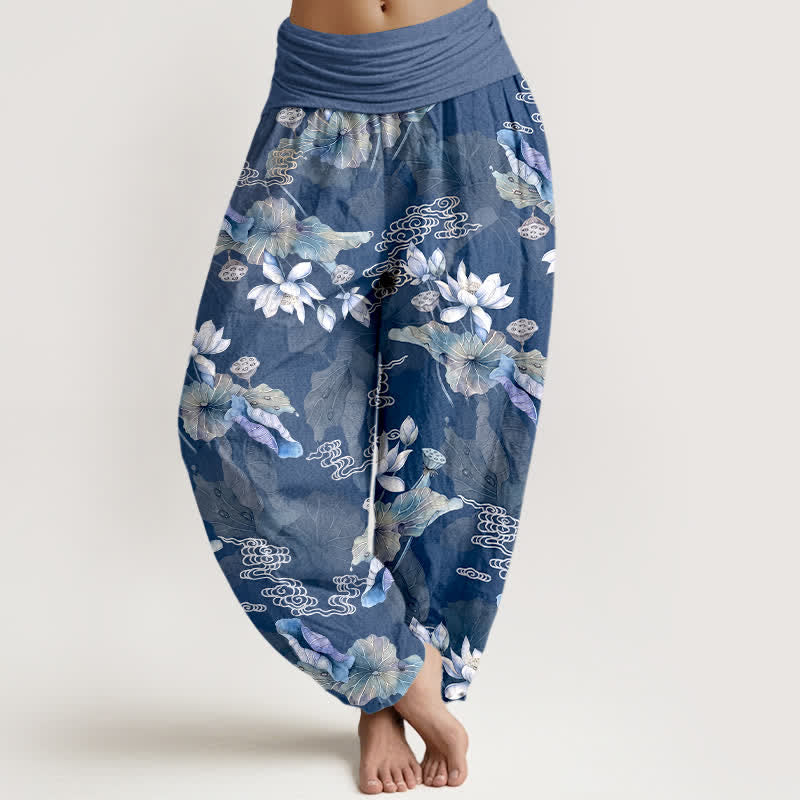 Buddha Stones Cotton White Lotus Leaf Pattern Women's Elastic Waist Harem Pants - SteelBlue - US16，UK/AU20，EU48 (3XL) - image 8