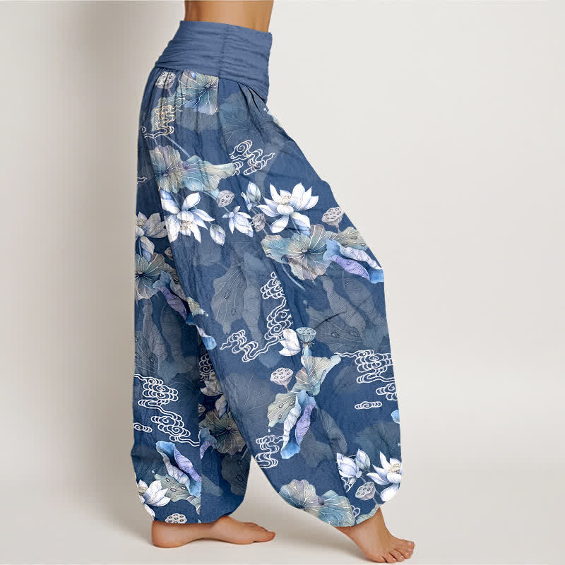 Buddha Stones Cotton White Lotus Leaf Pattern Women's Elastic Waist Harem Pants - image 9
