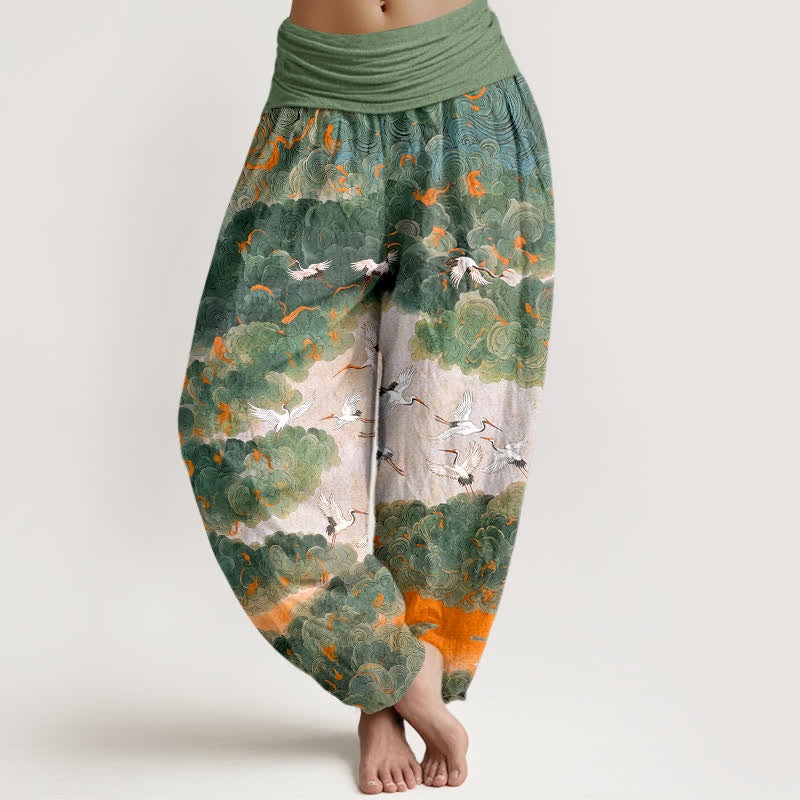 Buddha Stones Cotton Crane Cloud Pattern Women's Elastic Waist Harem Pants - LightGreen - US16，UK/AU20，EU48 (3XL) - image 0