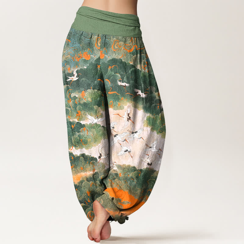 Buddha Stones Cotton Crane Cloud Pattern Women's Elastic Waist Harem Pants - image 2