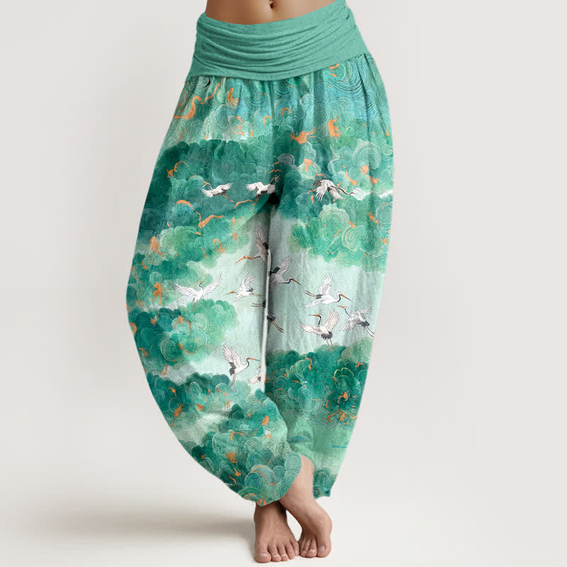 Buddha Stones Cotton Crane Cloud Pattern Women's Elastic Waist Harem Pants - Aquamarine - US16，UK/AU20，EU48 (3XL) - image 5