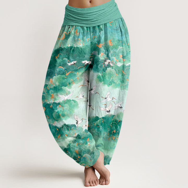 Buddha Stones Cotton Crane Cloud Pattern Women's Elastic Waist Harem Pants - Aquamarine - US16，UK/AU20，EU48 (3XL) - image 5