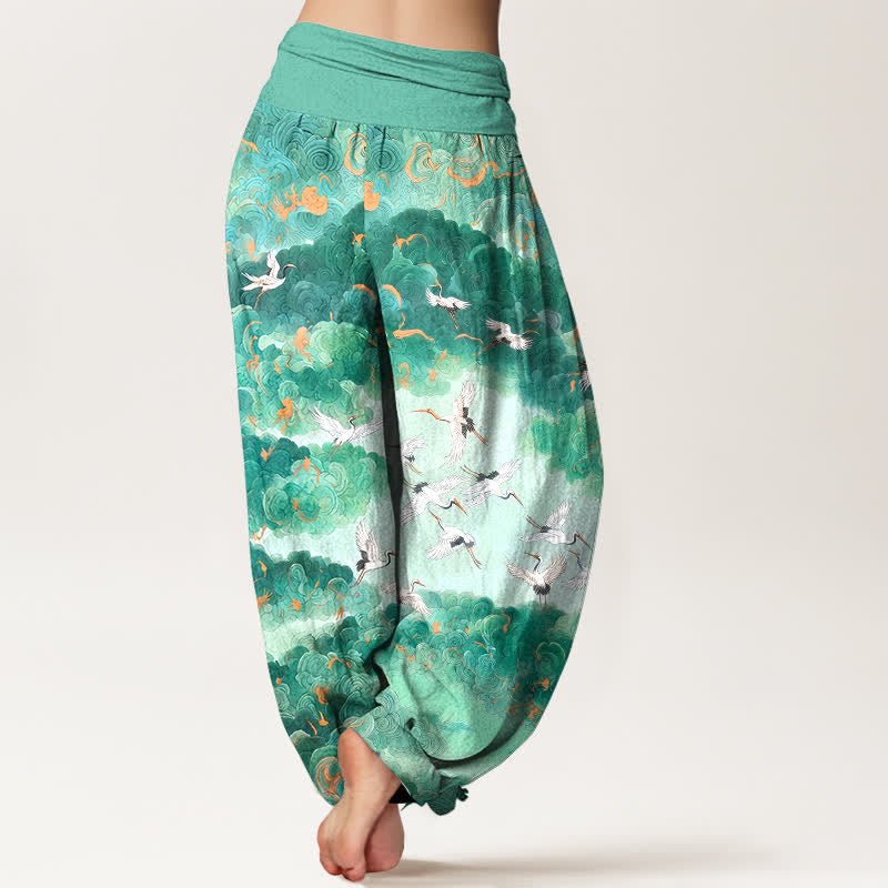 Buddha Stones Cotton Crane Cloud Pattern Women's Elastic Waist Harem Pants - image 7